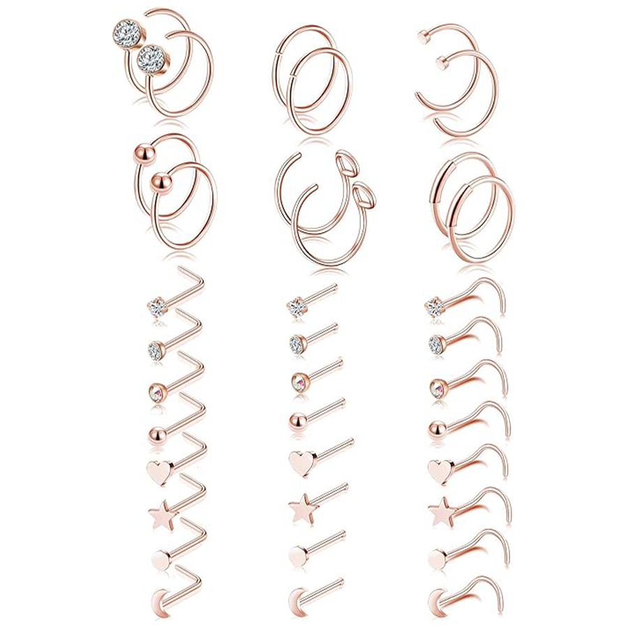 20G 36Pcs Stainless Steel L-Shaped Bone Screw Nose Ring CZ Stud Retainer Labret Piercing Jewelry for Women Men Rose Gold Tone