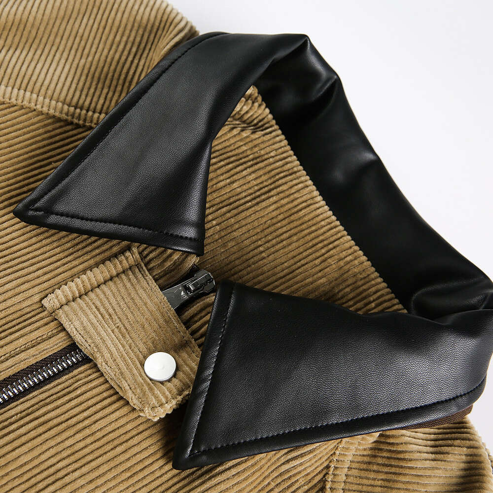 Corduroy Autumn Winter Unisex American Style Trendy Brand Color Block PU Leather Lapel Double Zipper Cardigan Jacket