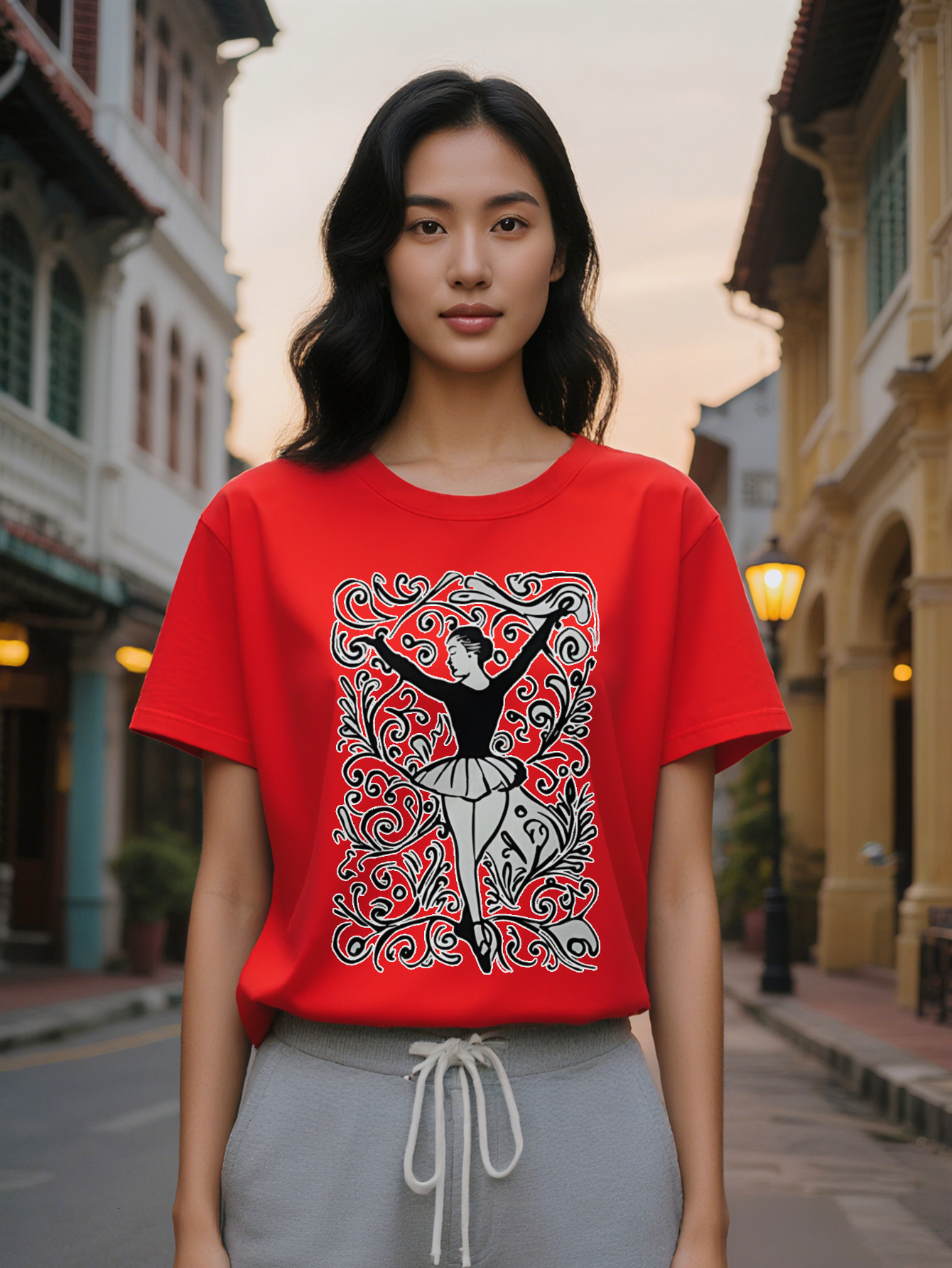 Large XL Lady Casual Ballet Dancer Graphic T-Shirt Black Long Sleeve Crewneck Tee with Intricate Dance Print Perfect Gift for Plus Size