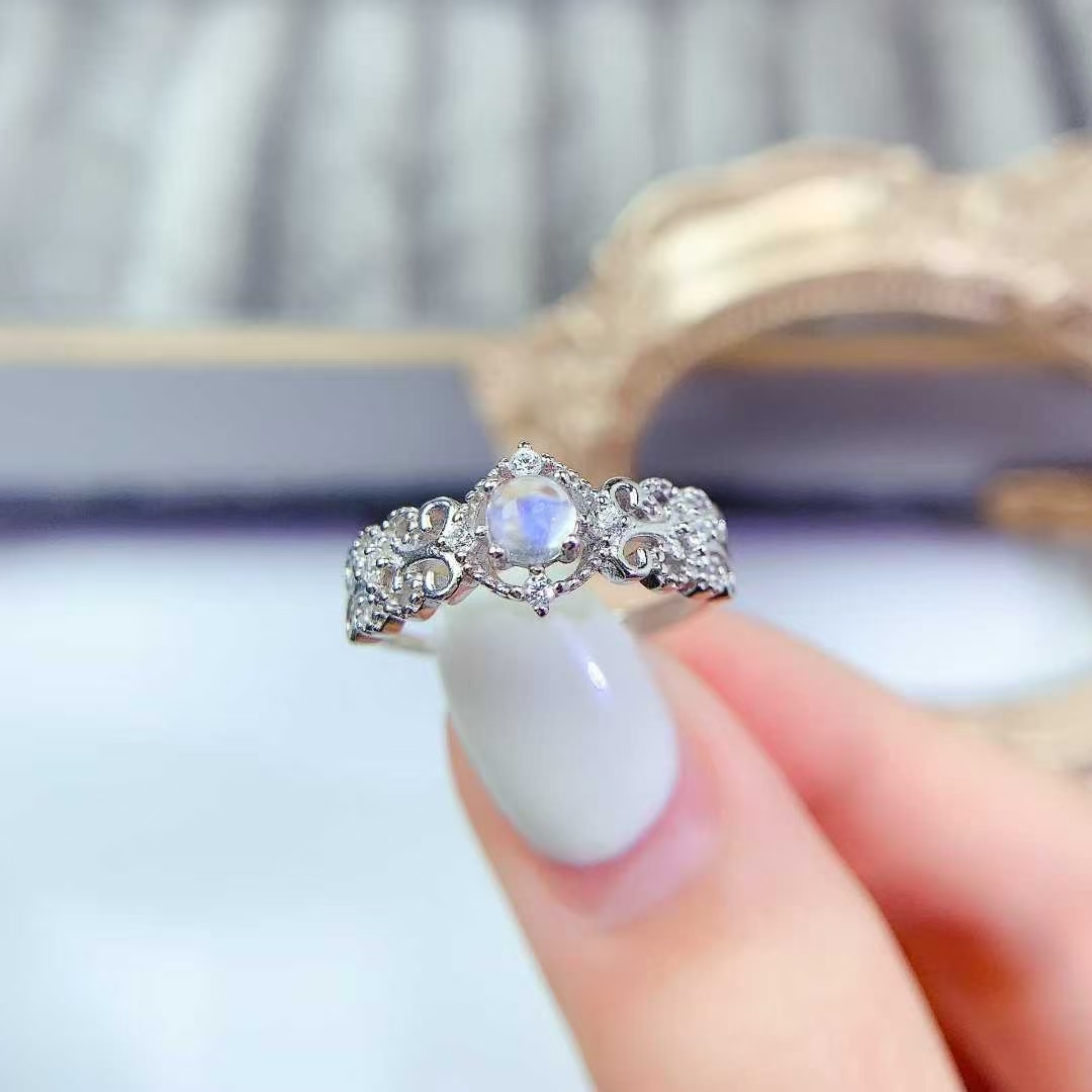 Vintage Design Silver Gemstone Ring Natural Moon Stone Ring 4mm 0.3ct Genuine Moon Stone Jewelry with 18K Gold Plating