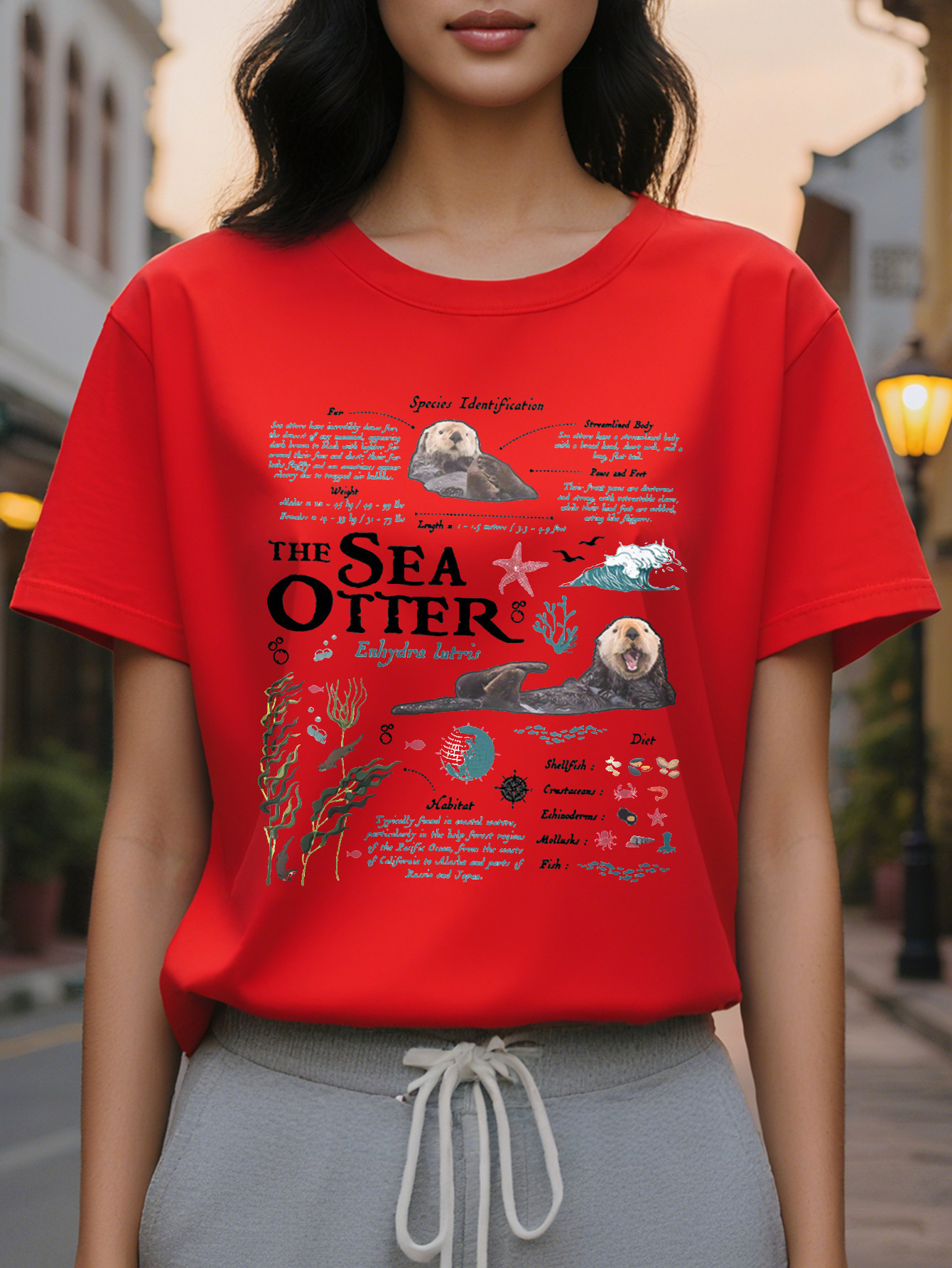 Women's Casual Sea Otter Print T-Shirt Round Neck Slim Fit Version Cotton Spring and Summer Regular Length