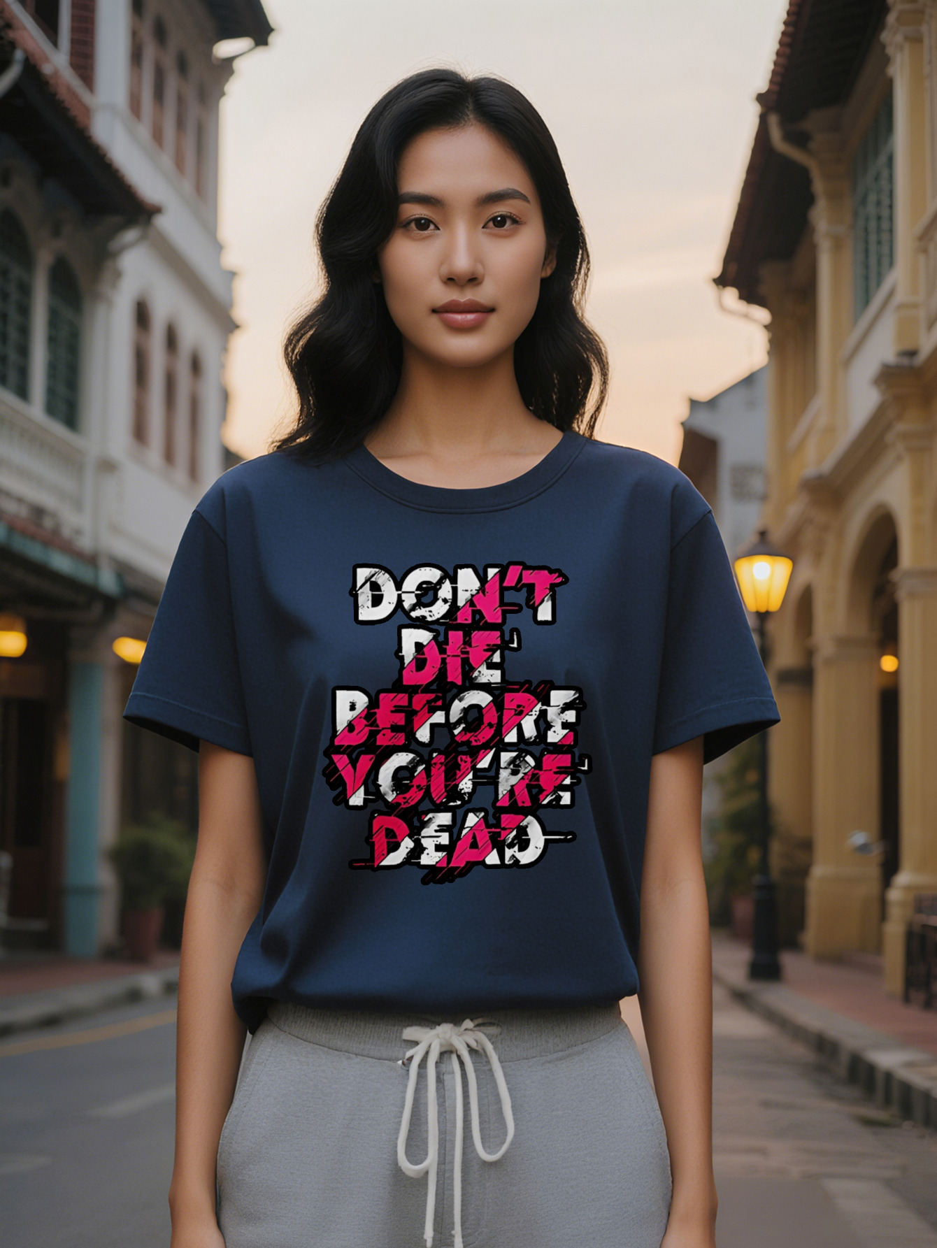 Large XL Casual Crew Neck T-Shirt Black with Bold Pink White Letter Print Don't Die Before You're Dead Design Lightweight Plus Size