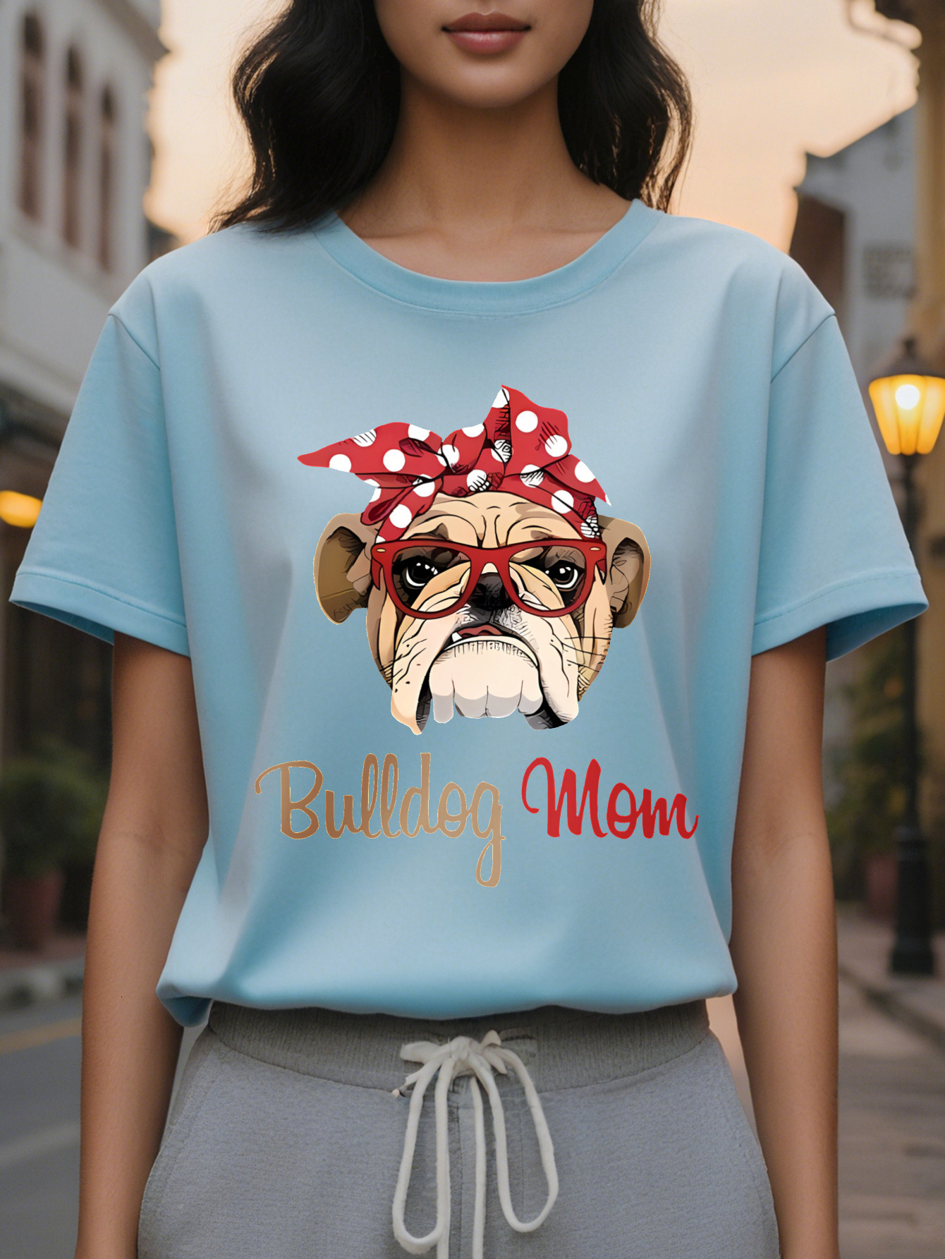 Women S Casual Cotton T-Shirt Pug Bulldog Mom Graphic Crew Neck Short Sleeve Regular Fit SpringSummer Knit Fabric