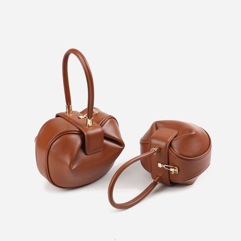 Handbag, High-End Genuine Leather Women's Niche Design, Simple, Fashionable, Retro, Wonton Dumplings, Wontons, Round Bag, Shoulder Bag