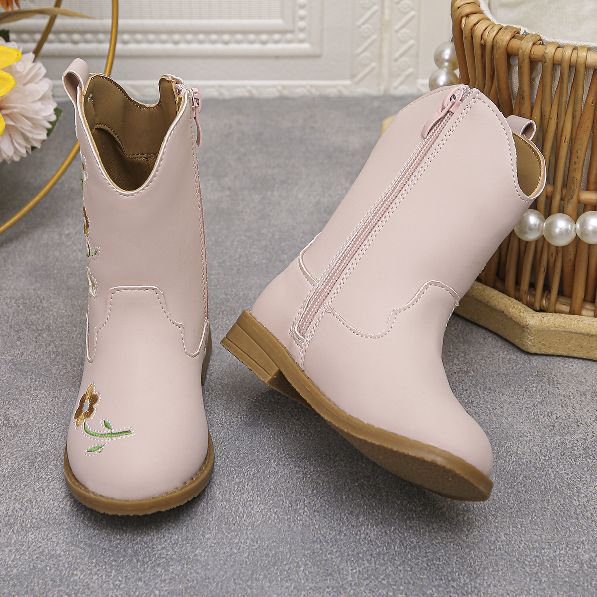 Floral Western Boots - New Style Round-Topped Thick-Heeled Unique Long Boot