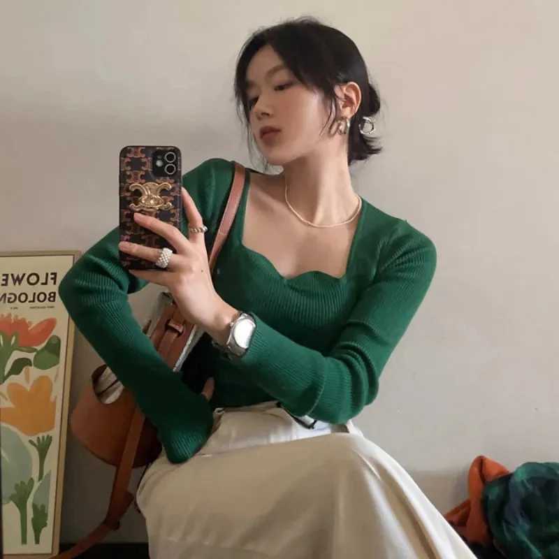 Knitted Pullovers Women Vintage Solid Sweaters Autumn Winter Korean Elegant Slim Knitwear Square Collar All Match Jumpers New M250904