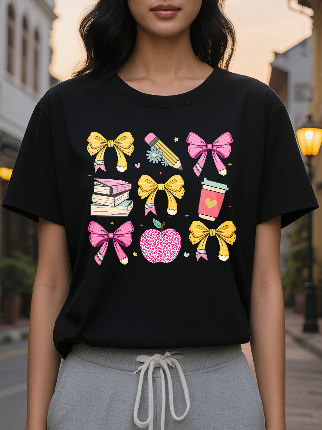 Women's Black Teacher Themed Short Sleeve T-Shirt with Pencil Apple Pattern and Polka Dot Bow Heart Shaped Details