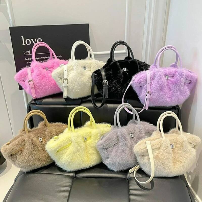 Fashionable Versatile Crossbody Grocery Bucket Handle Casual Plush Shoulder Bag