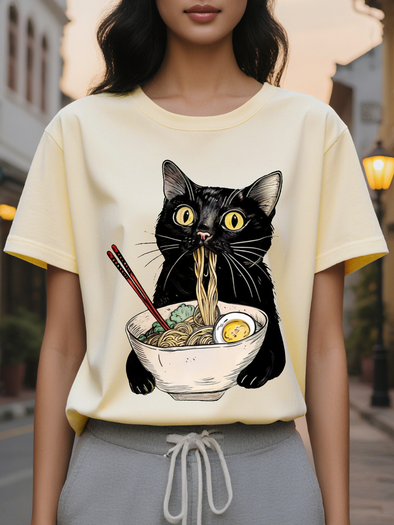 Large XL Women's Casual Sleeveless with Playful Black Cat Eating Noodles Cartoon Print Light Green Round Neck Summer Top Plus Size