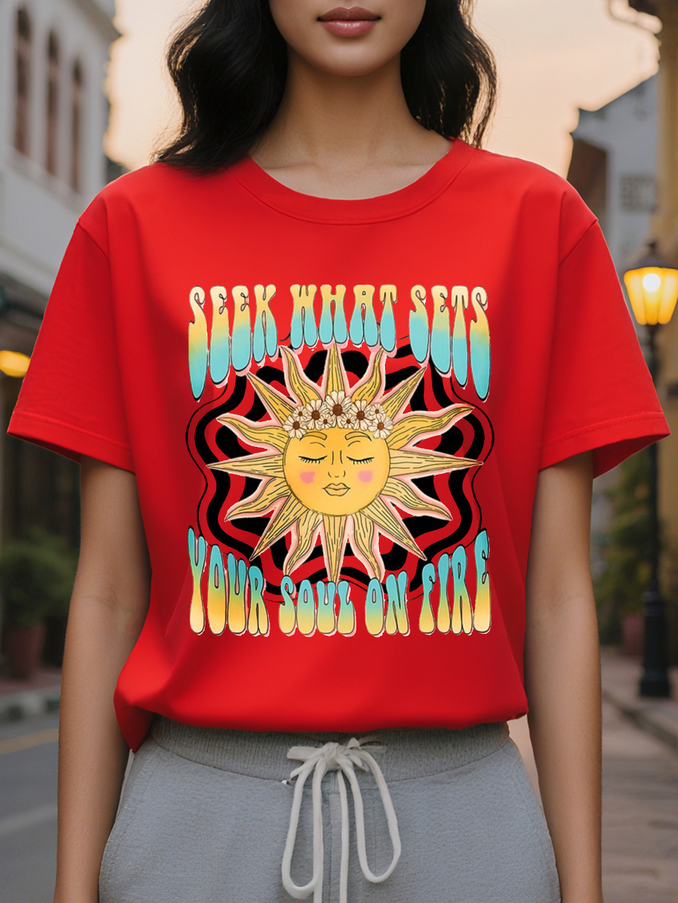 SEEK WHAT SETS ladies casual short sleeved T shirt retro sun rainbow pattern print spring loose translucent jacket