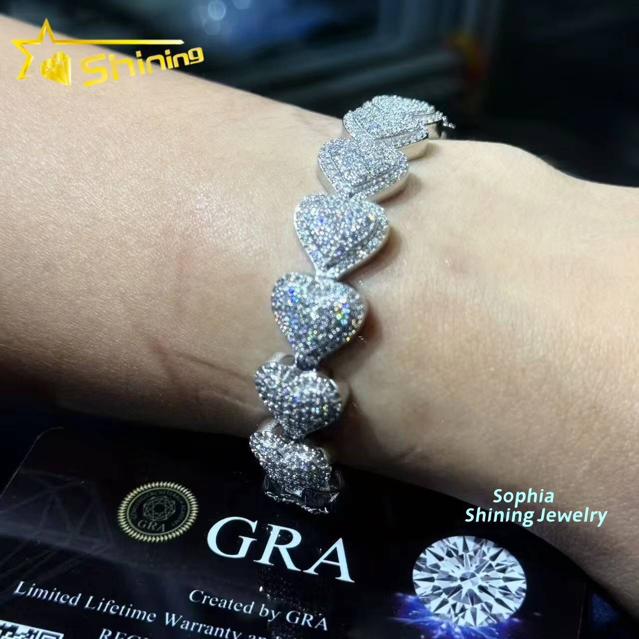 13mm Heart Shape Cuban Chain Bracelet Vvs Moissnaite Iced Out Hip Hop Jewelry VVS Moissanite Bracelet Valentines Day Gift