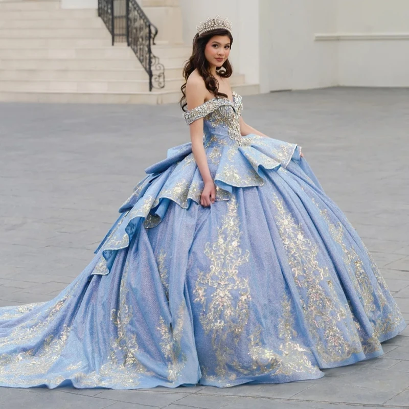Sky Blue Shiny Quinceanera Dresses Ball Gown Off The Shoulder Applique Lace Beading Crystal Bow Tull Party Sweet 16 Dress Vestidos 15 De Anos