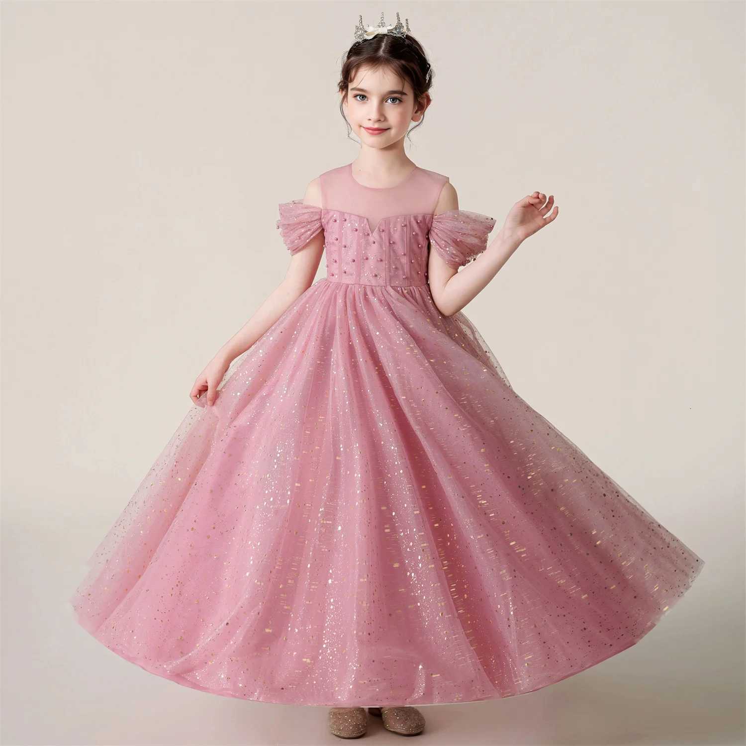 3-12 Year Children Pink Mesh Long Dress Wedding Dress Girl Princess Dress Girl Birthday Party Evening Dresses Z250904