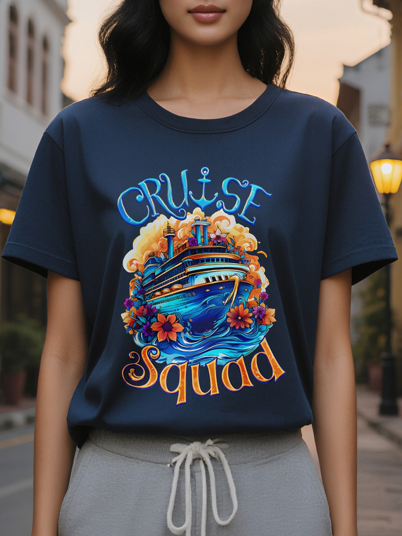 CRUISE American Printed Pattern Spring and Summer New Fashion Round Neck T-shirt Slim Fit Slimming Women's Short Sleeve