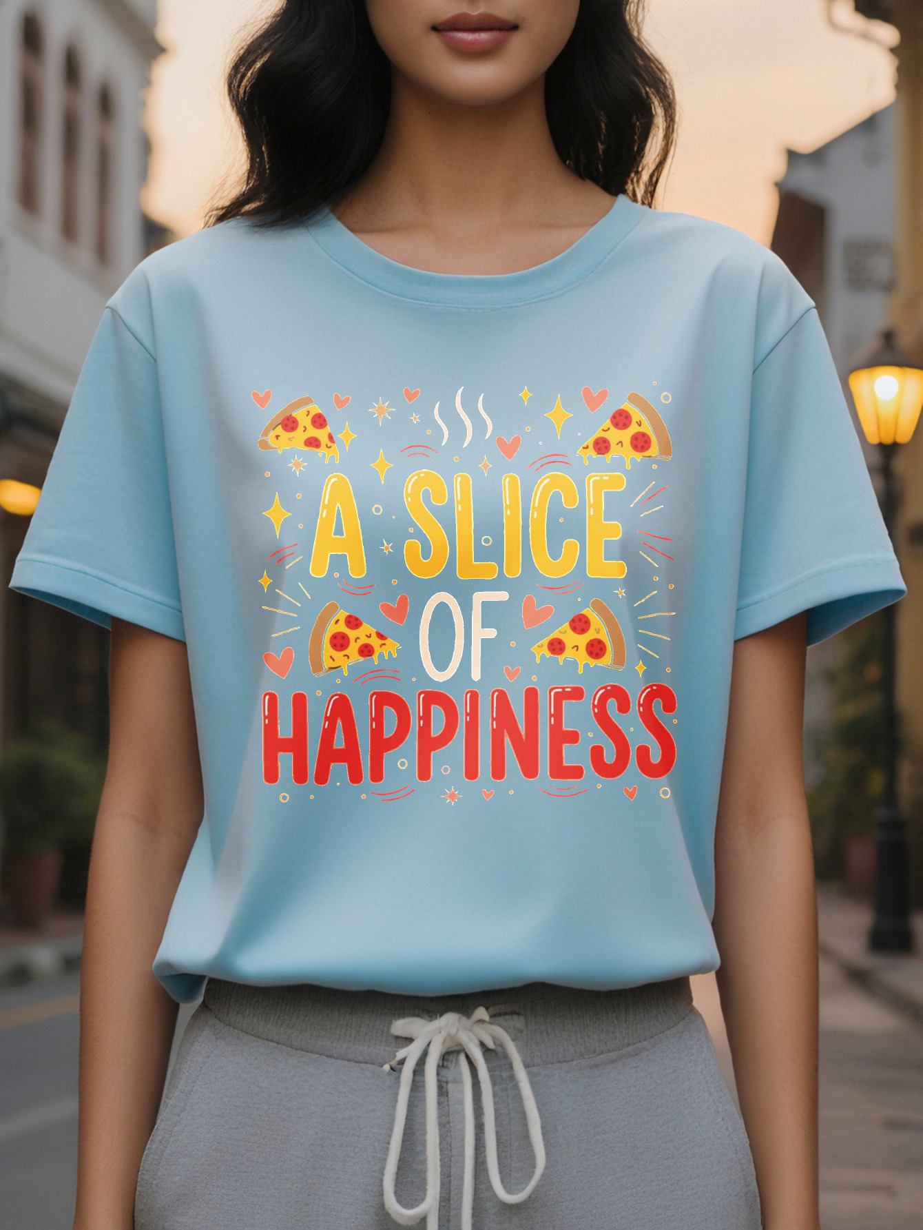 Women's Fun Pizza Lover T-shirt One pattern with pepperoni cheese casual round neck short sleeve summer top party