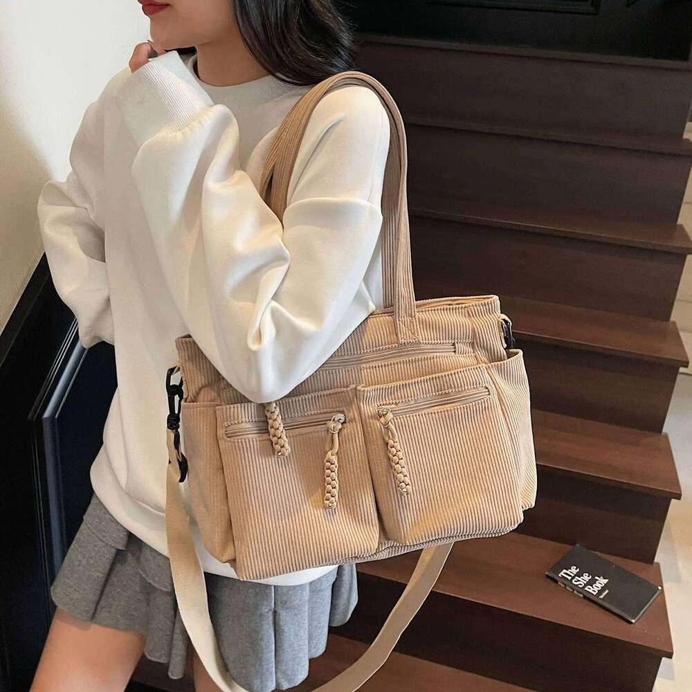 Corduroy Simple Poop Carrying For Women Adjustable Shoulder Strap Crossbody Bag Large Capacity Commuting Handbag