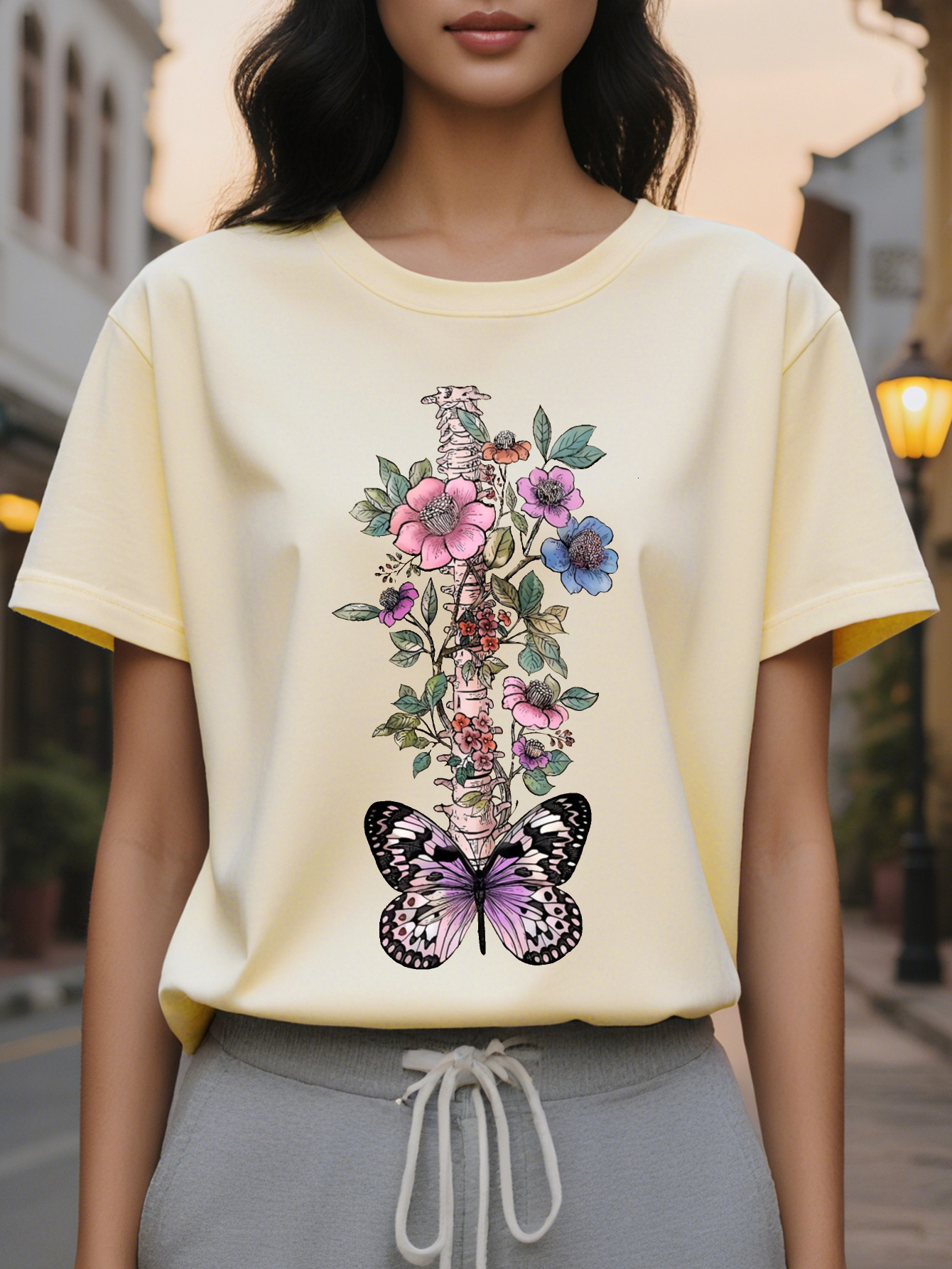 Women S Floral Print T-Shirt Casual Round Neck Short Sleeve Lightweight Cotton SpringSummer Collection Green