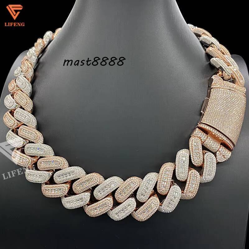 TwoTone Cuban Link Chain 26mm 2row VVS Moissanite Diamond 925 Sterling Silver Cuban Charm Necklace for Men Hip Hop Fine Jewelry
