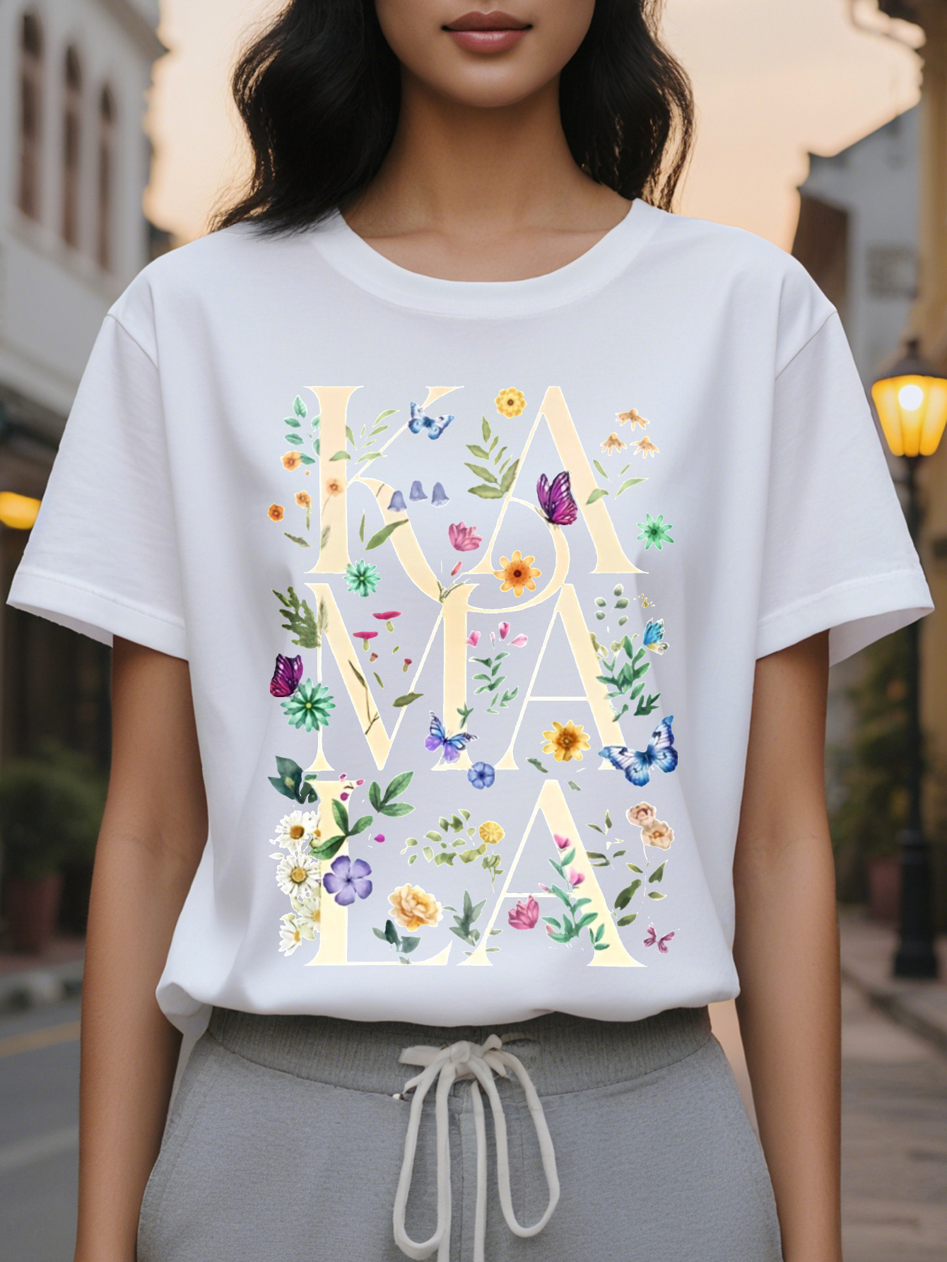 Women S KIMA Print T-Shirt Short Sleeve Crew Neck Cotton Gray with Colorful Flower Design Perfect for Spring
