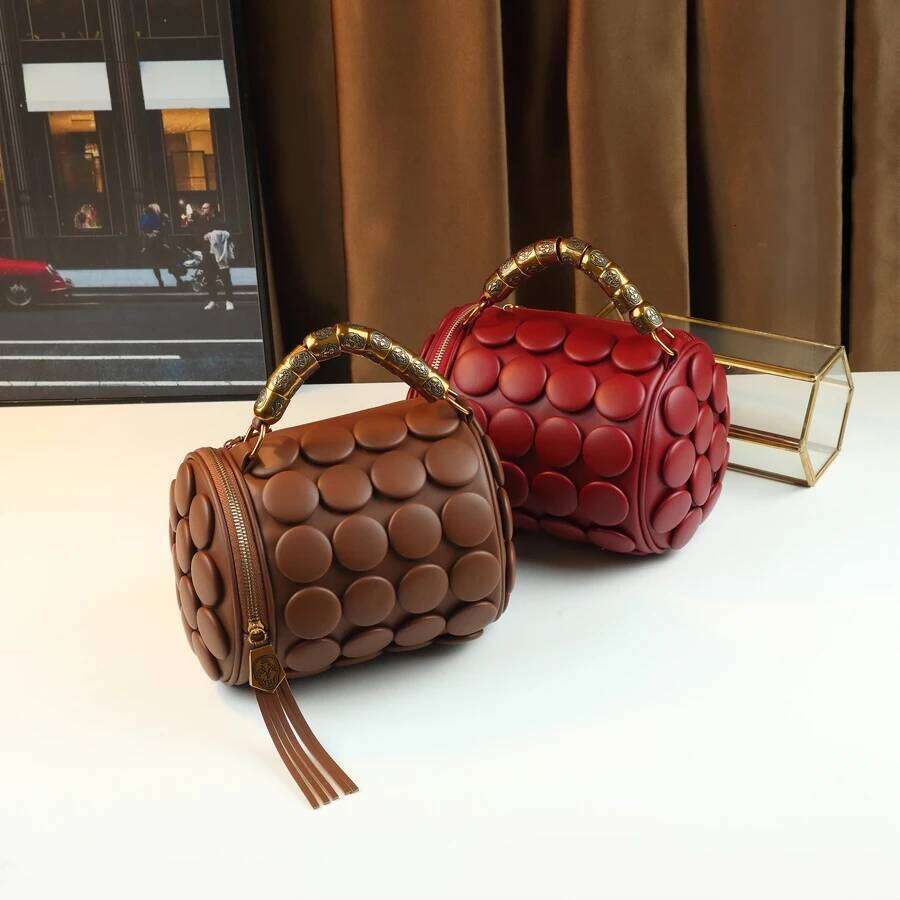 New Round Cylinder Women's Casual Versatile Single Shoulder Crossbody Bag Handmade Vintage Button Handbag