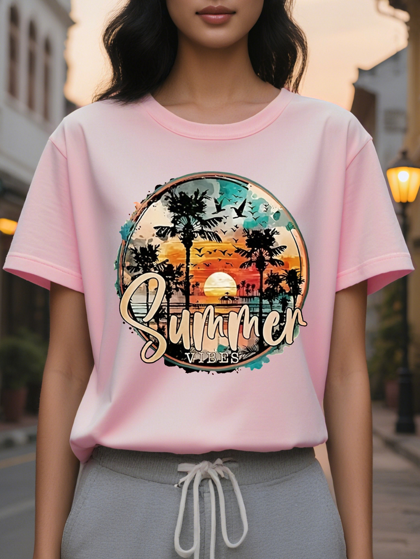 Women s Casual Sleeveless Round Neck Top with Tropical Summer Letter Print Peach Black Striped Design