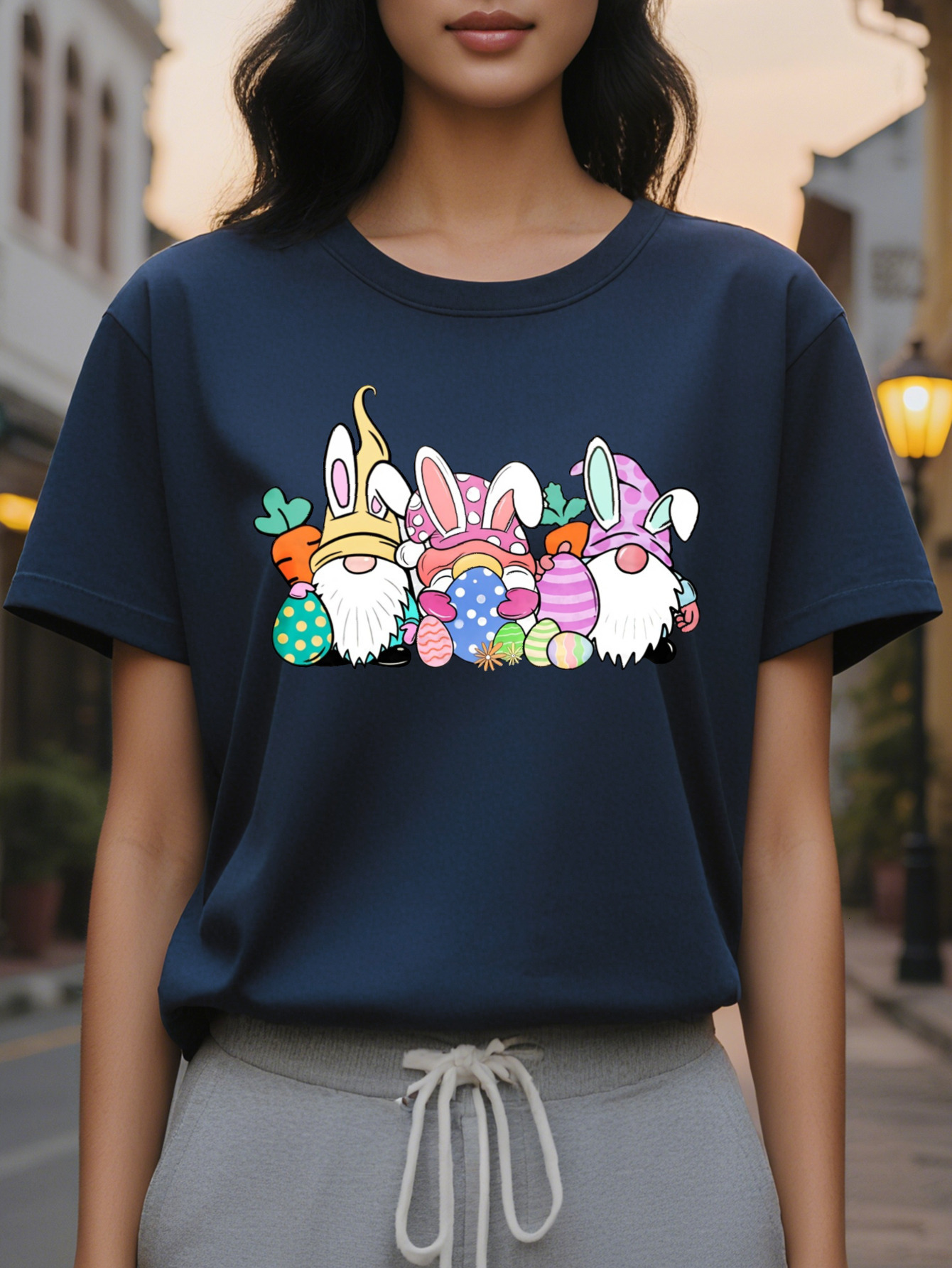 Large XL Women S Easter Bunny Eggs Graphic Tee Casual Crew Neck Cotton T-Shirt Soft Comfortable Knit Fabric Geometric Plus Size