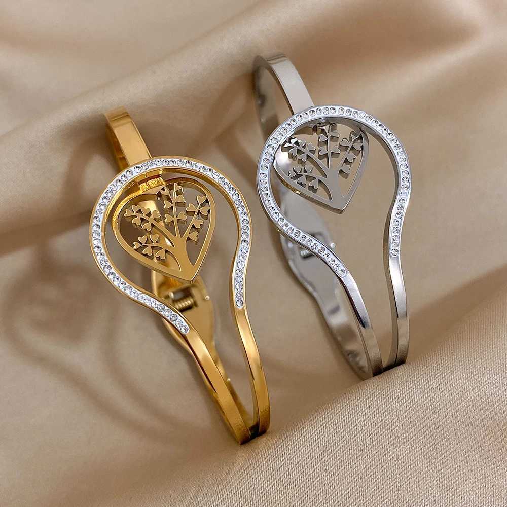 Exquisite Life Of Tree Cuff Bracelet for Women Fashion Gold Plated Stainless Steel Bangle Bracelets Jewelry Gifts Y250904