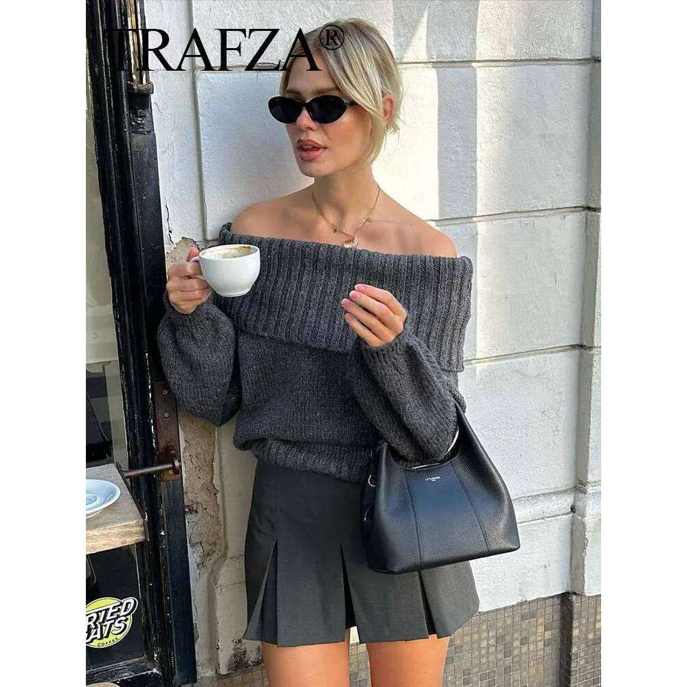 TRAFZA Women Fashion Solid Off Shoulder Long Sleeve Knitted Pullover Sweater Autumn Female Casual Knitwear Chic Top