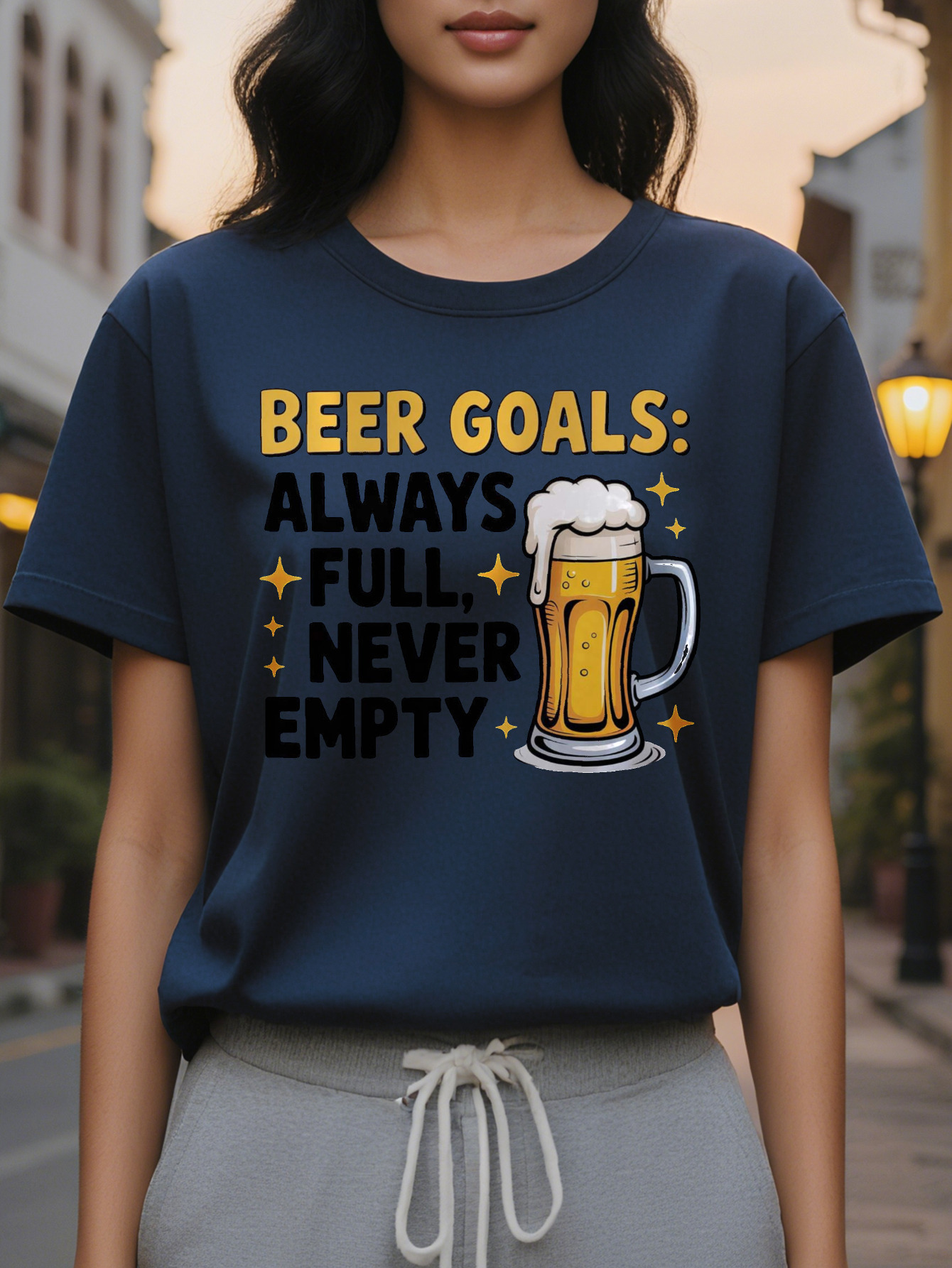Women's Fun Lover T-shirt Beer Goal Always Full Never Empty Slogan Mug Pattern White Casual Round Neck Summer Top