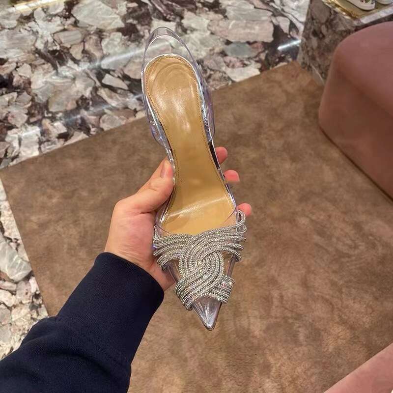 35-43 Plus Size PVC Transpnt Sandals Closed Toe Cross Rhinestone High Designer Shoe Heels New Backless Shallow Sweet Banquet Wedding Shoes