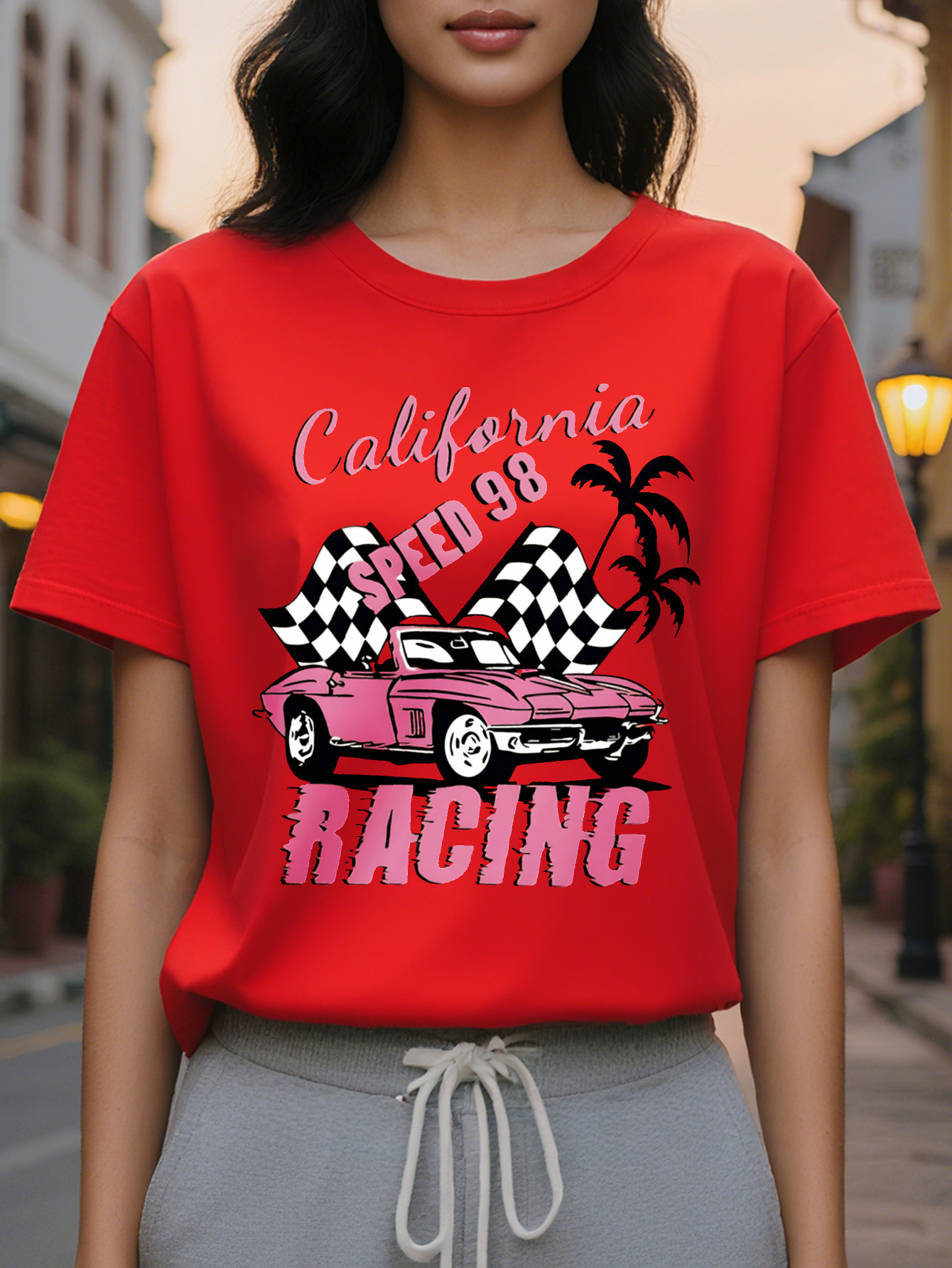 Women S Speed Graphic T-Shirt Crew Neck Short Sleeve Top with Palm Tree Design Pink Lightweight Summer Tee for