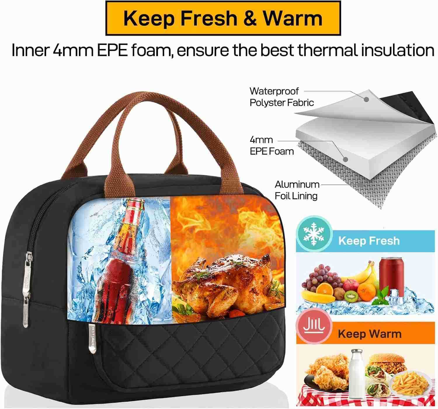 Lunch Bag for Woman Man Adults with Front Pocket Insulated Lunch Tote Lunch Box Container for Work Picnic or TravelBlackW250904