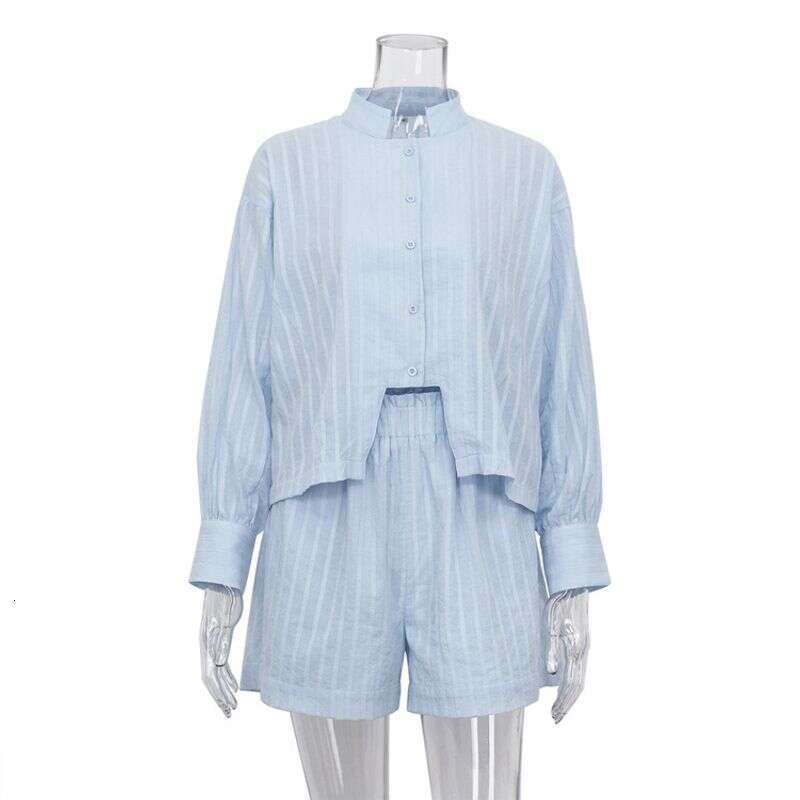 Women's Clothing Cotton Jacquard Striped Casual Stand Up Collar Puff Sleeve Button Shirt Shorts Suit
