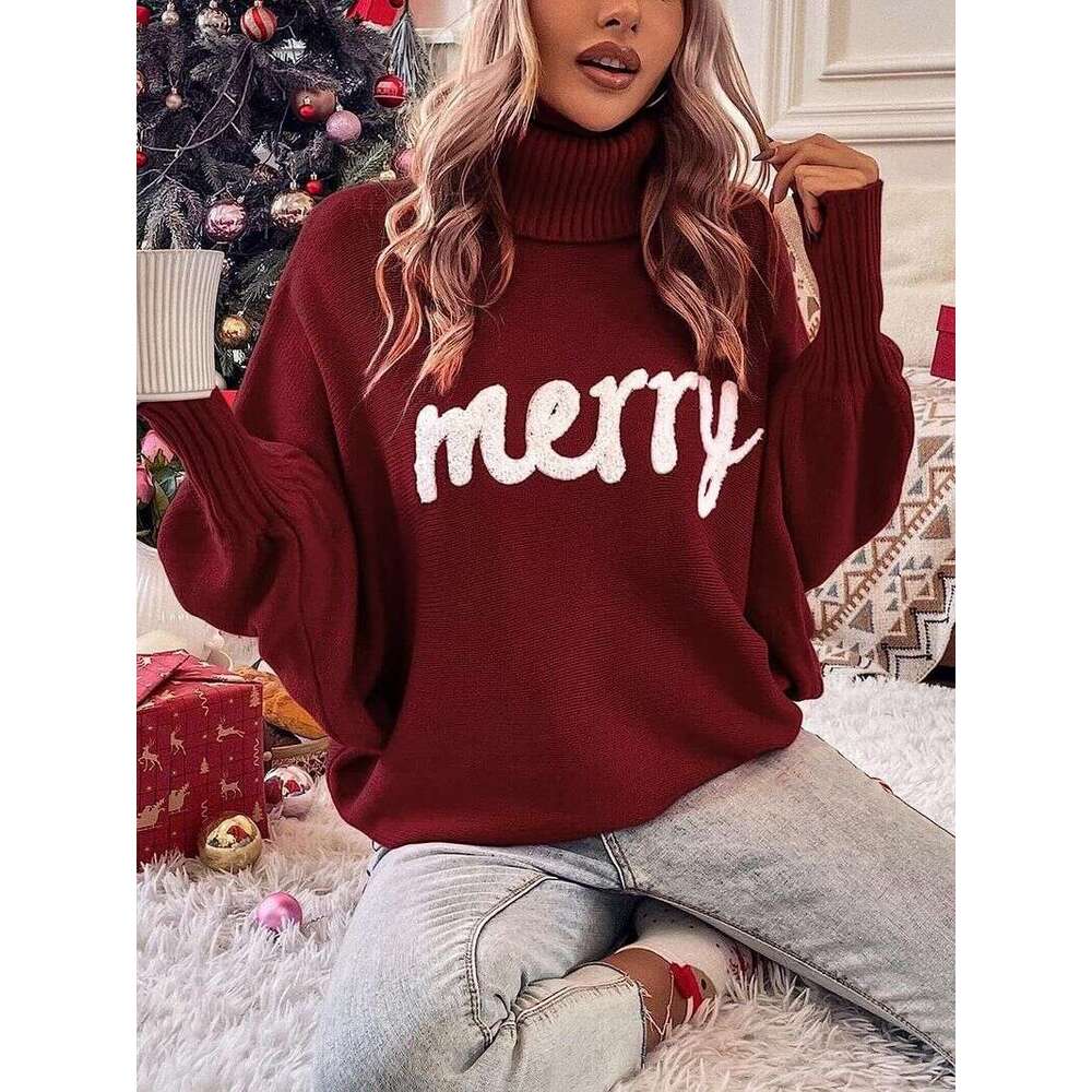 Women's Clothing Christmas Turtleneck Sweater Women's Clothing Autumn And Winter Loose Bat Sleeve Outer Wear Knitted Tops Women