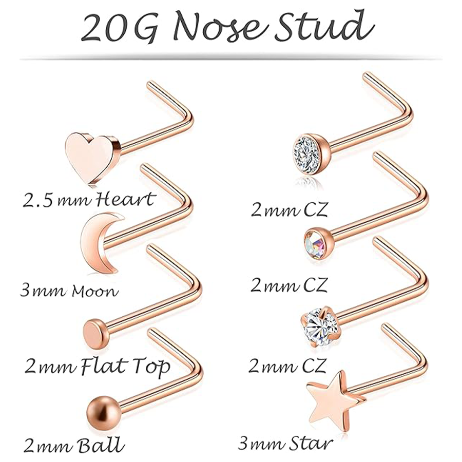 20G 36Pcs Stainless Steel L-Shaped Bone Screw Nose Ring CZ Stud Retainer Labret Piercing Jewelry for Women Men Rose Gold Tone