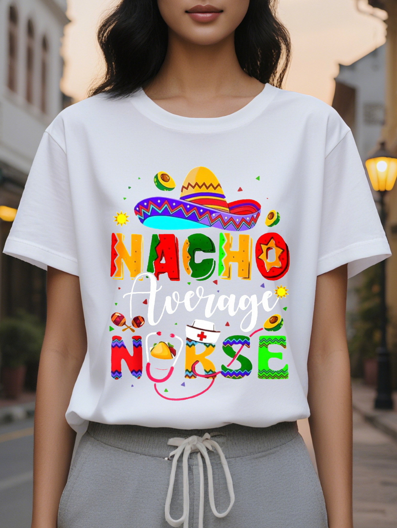 Nacho Women's Casual Short Sleeve T-Shirt Daily Color Nachos and Cheese Print Translucent Round Neck Summer Top
