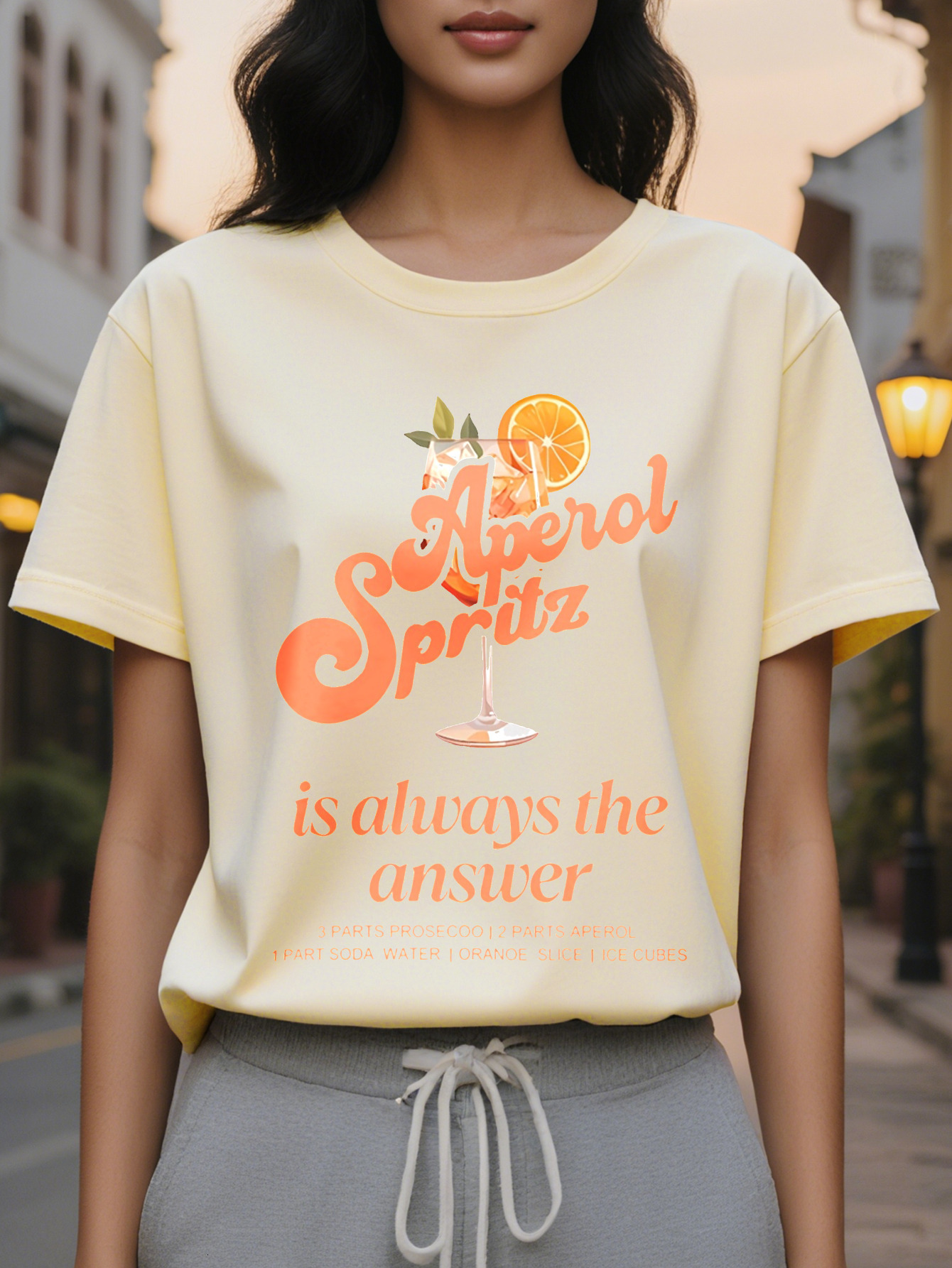 Px Aperol Spritz Pattern Women Casual Round Neck Short Sleeve T-Shirt Cotton Regular Length Spring and