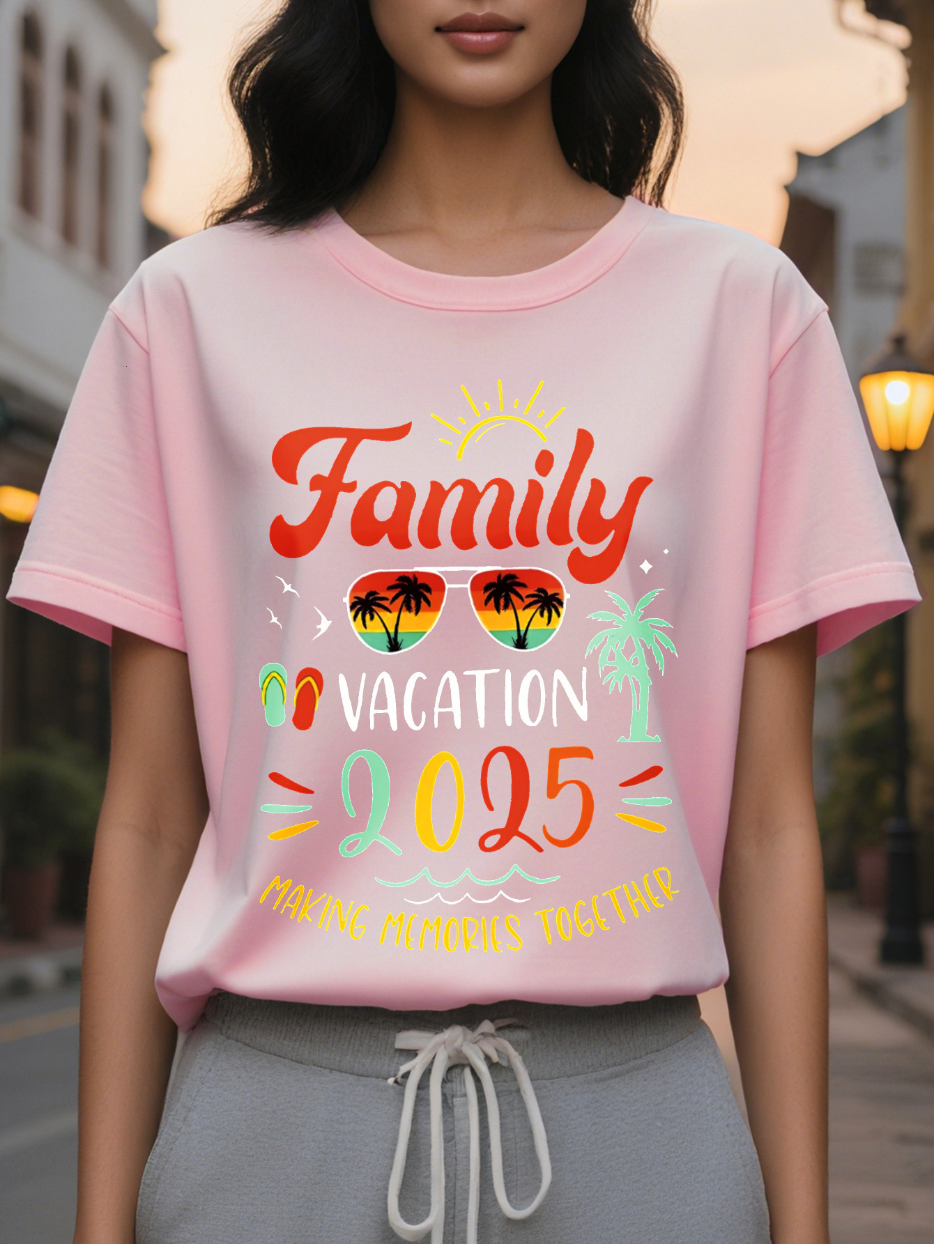 Large XL Women's Casual Graphic Print Round Neck T-Shirt Vacation Design with Palm Trees Sunset Medium Stretch Plus Size