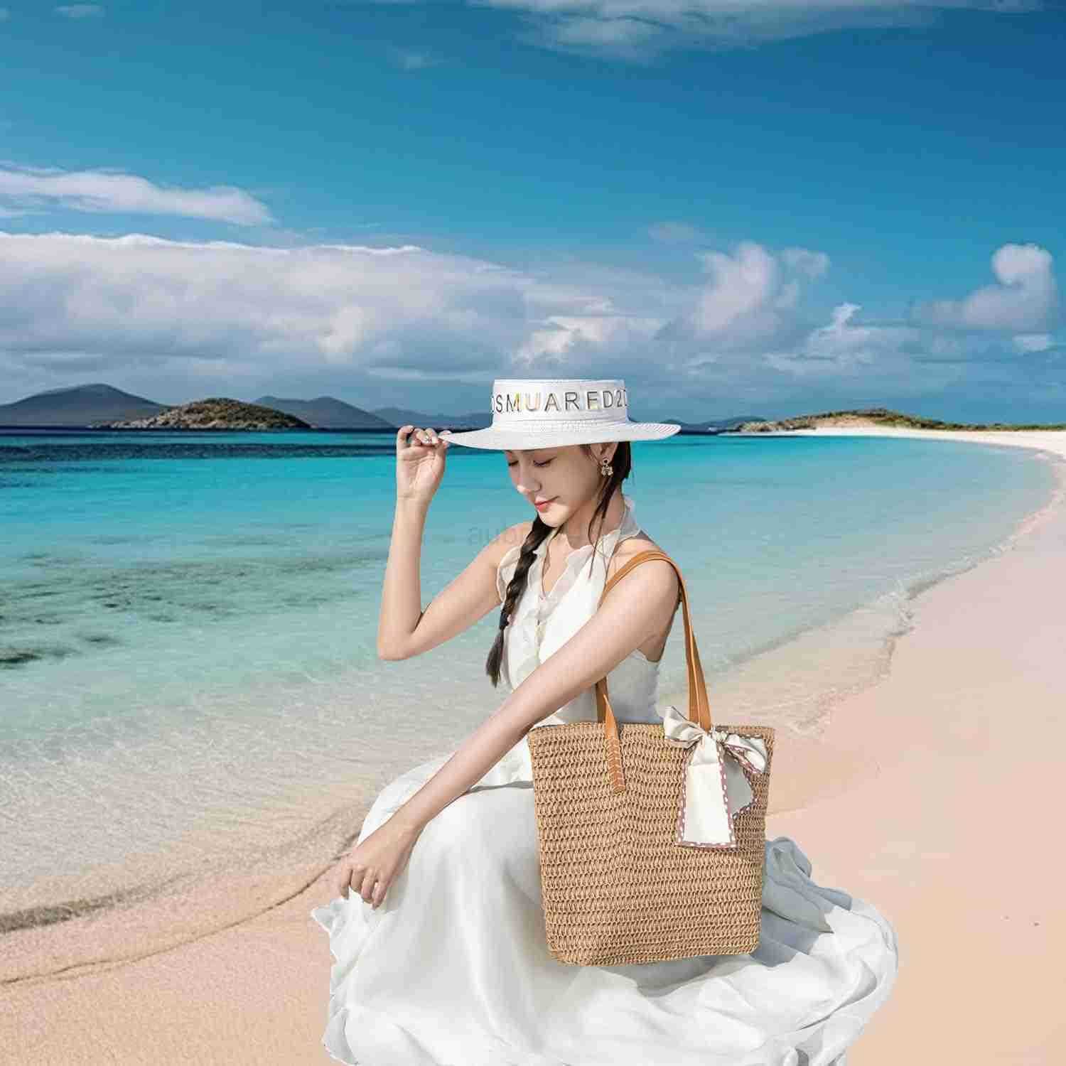 Large Straw Beach Bag Womens Handwoven Tote with Zipper Pocket 2025 Lightweight Summer Purse for Travel Work M250904