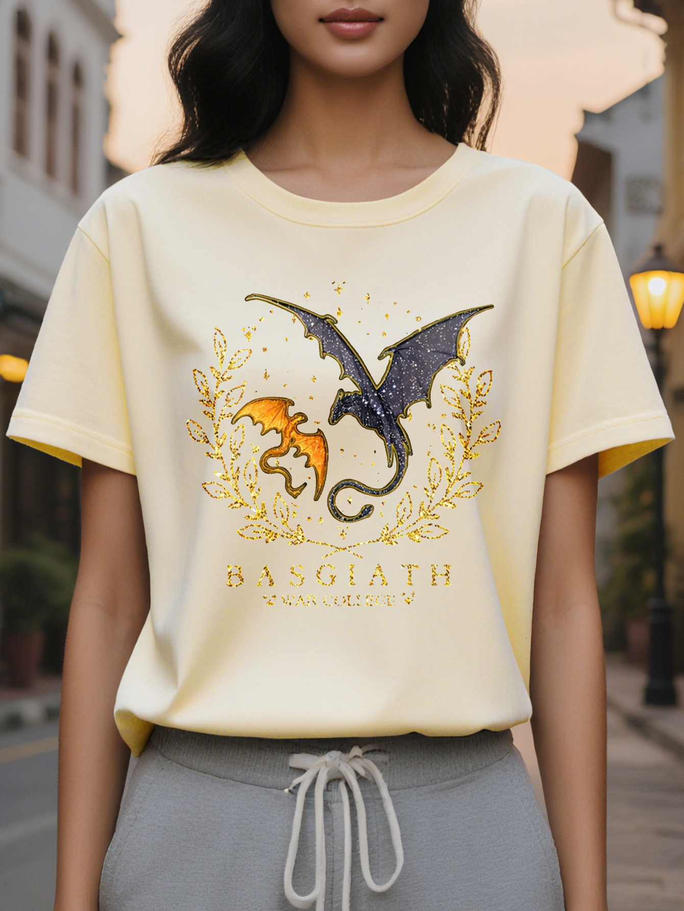 Basjiatt Women's Pattern Printed Short Sleeve T-Shirt Black Dragon Wings Design Spring and Summer Casual Round Neck