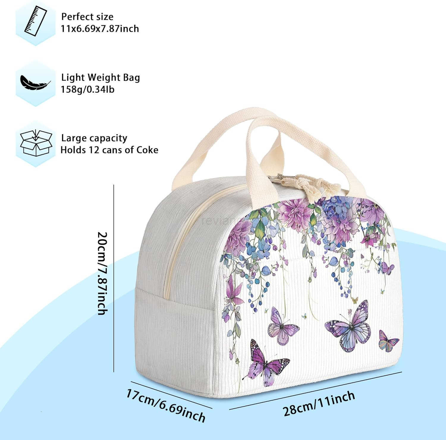 Lunch Box for Women and MenInsulated Corduroy Fabric Lunch Bags for WorkLeakproof Adults Cooler Tote Bag for OfficesPicnicTravelOutdoor Blue Bow TieW2