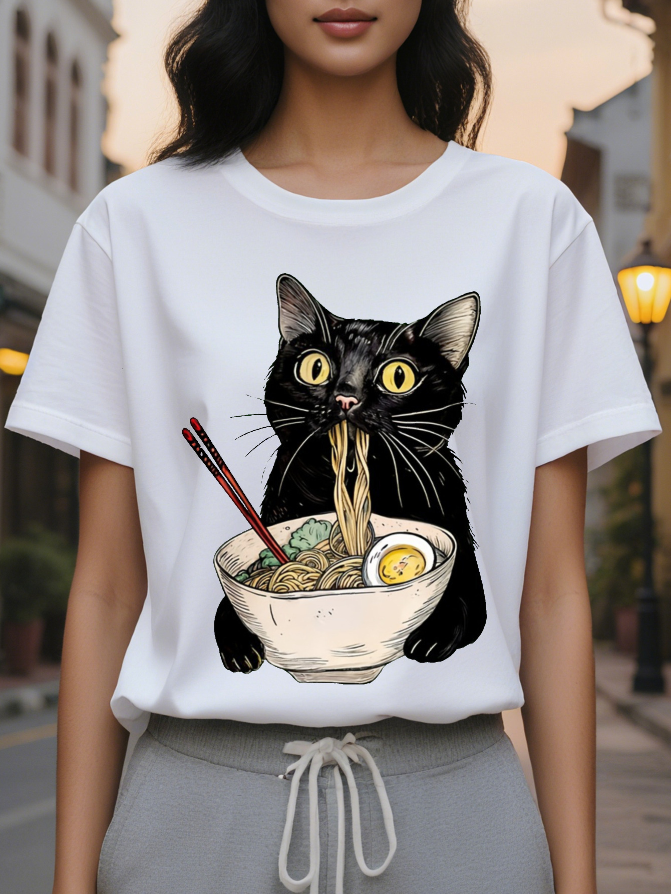 Large XL Women's Casual Sleeveless with Playful Black Cat Eating Noodles Cartoon Print Light Green Round Neck Summer Top Plus Size