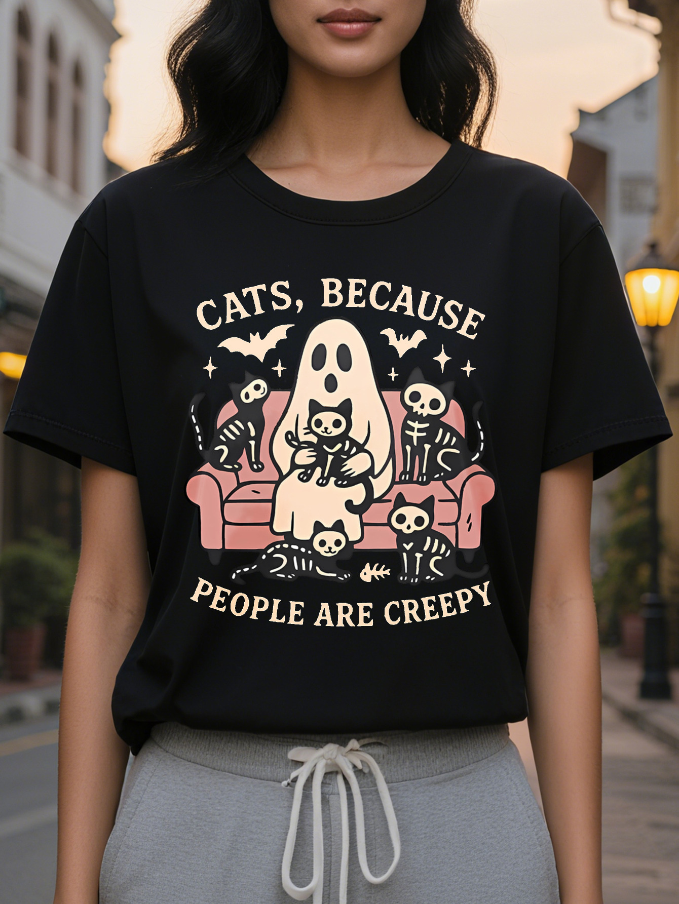 Women's Gothic Printed Sleeve T-shirt Funny Slogan Keep Cats Because Humans Are Too Scary Gray with Pink Black