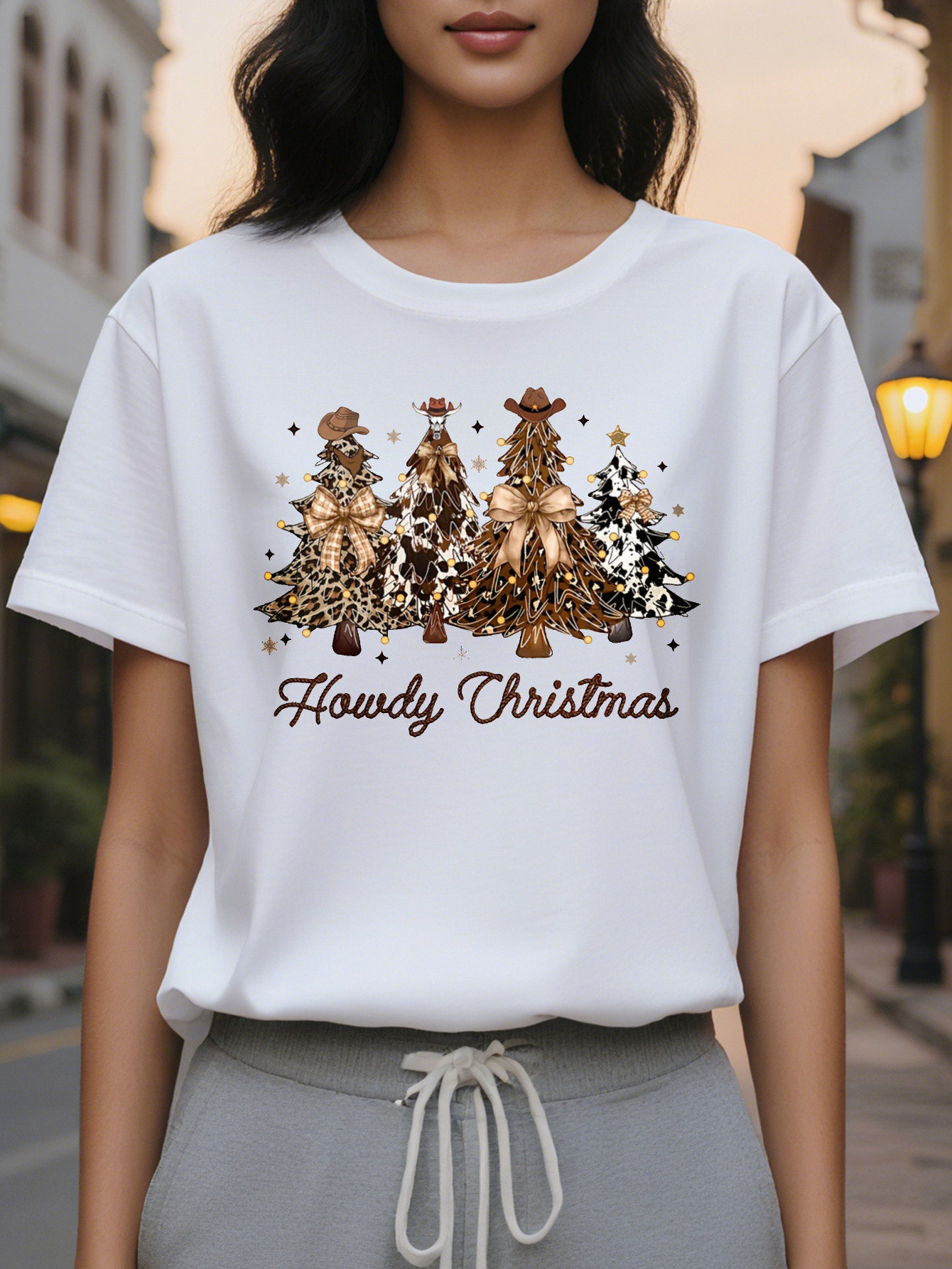 Women S Beige Crewneck Pullover with Western Cowboy Tree Design Holiday Sweatshirt for Xmas Parties and Family Gatherings
