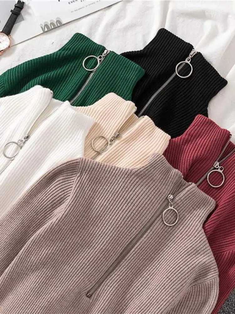 Women Fashion Solid Knitted Sweaters Vintage Long Sleeve Zipup Basic Half Turtleneck Sweater Female Pullovers Chic Casual Tops M250904