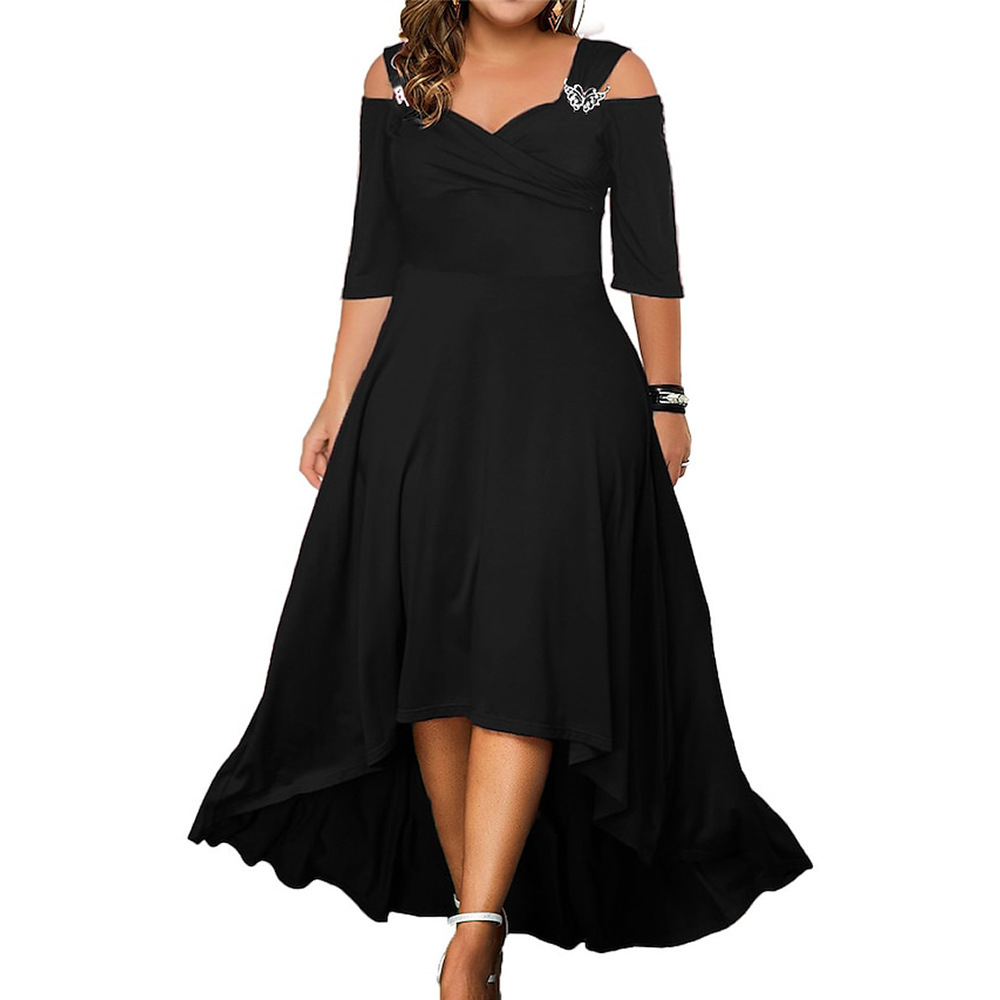 L3812European and American solid color sexy off-the-shoulder long swing dress summer plus size women's long skirt