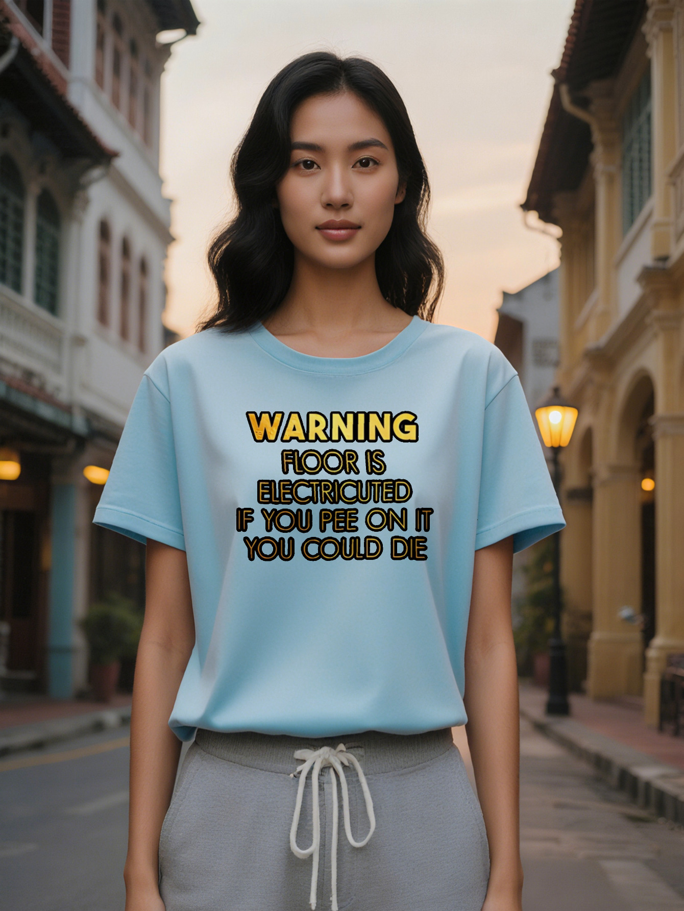 Large XL Lady Casual Crew Neck T-Shirt with Humorous Warning Electric Cut If You Pee On It Print Regular Fit Summer Essential Plus Size