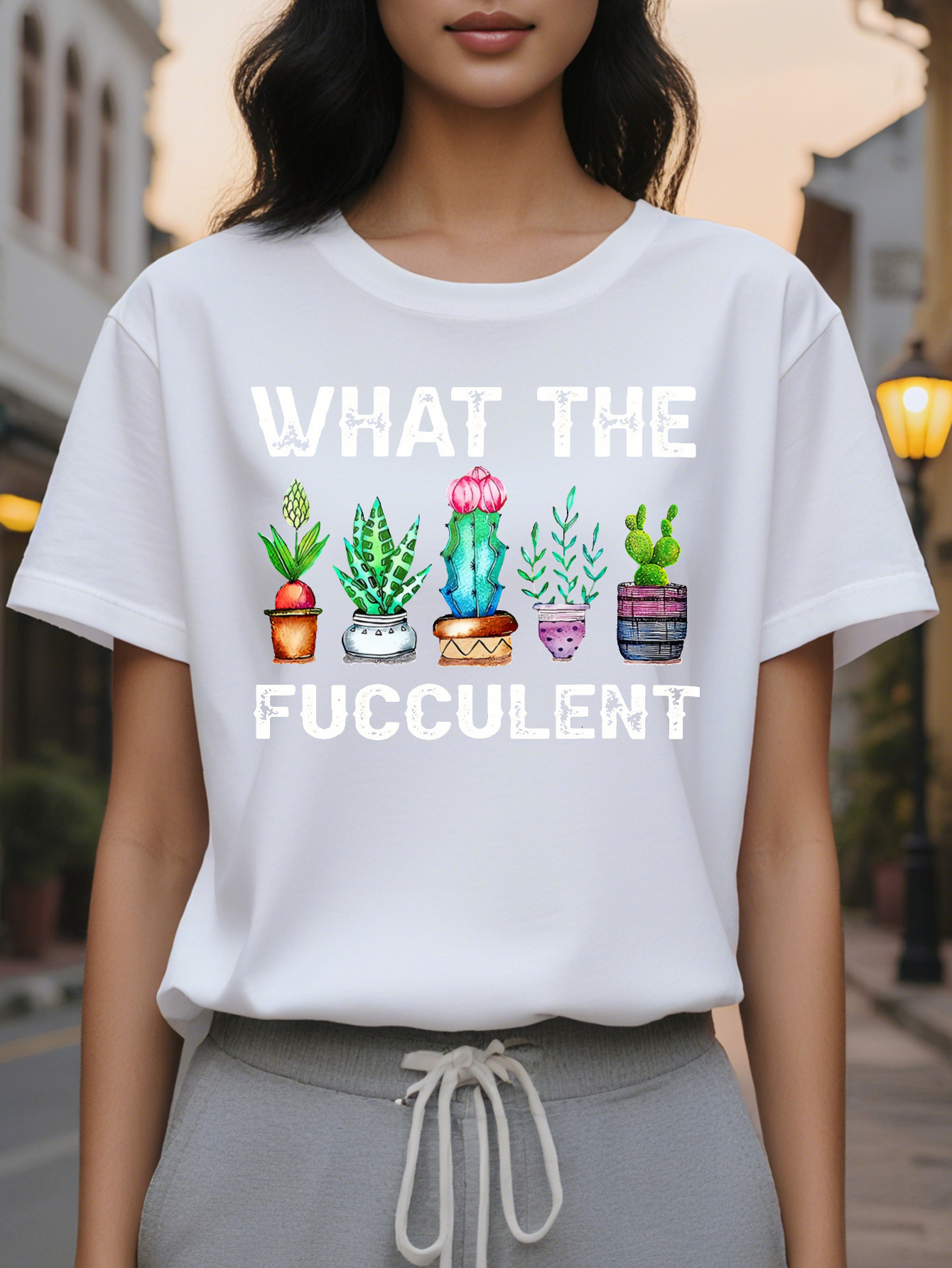 Playful Olive Green Women's Casual Short Sleeve T-Shirt WHAT THE FUCCULENT Graphic Print with Potted Plants Medium