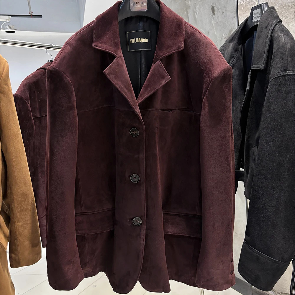 YOLOAgain Womens Oversized Suede Leather Blazer Single Breasted Leather Jacket Female Spring 250815