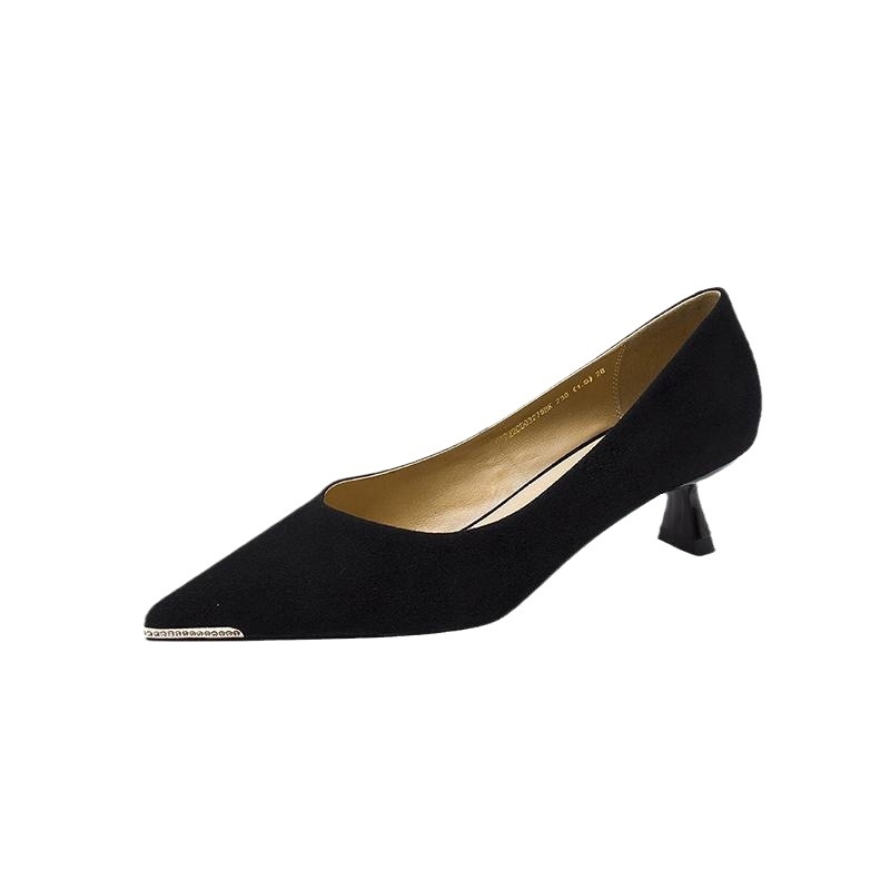 Women's black versatile low-heeled shallow-mouth pumps spring and autumn styles pointed-toe mid-heeled fashionable high heels